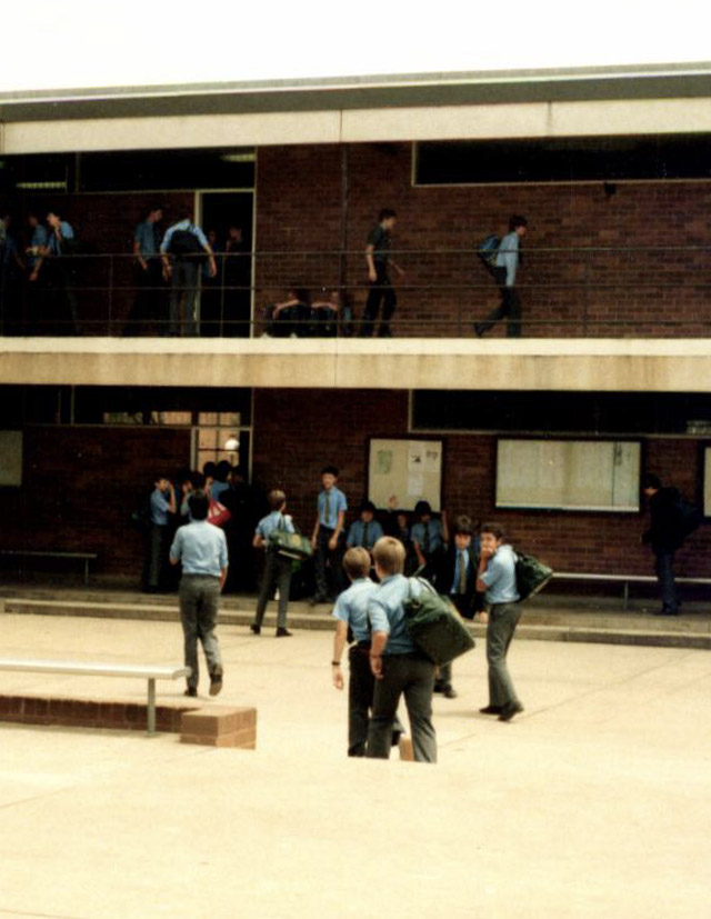 Historical image of St Patrick's Marist College Dundas students walking on campus